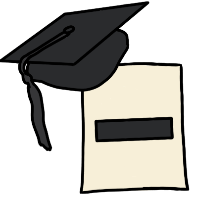 A piece of paper with one black stripe. above it is a mortarboard with a black tassel.